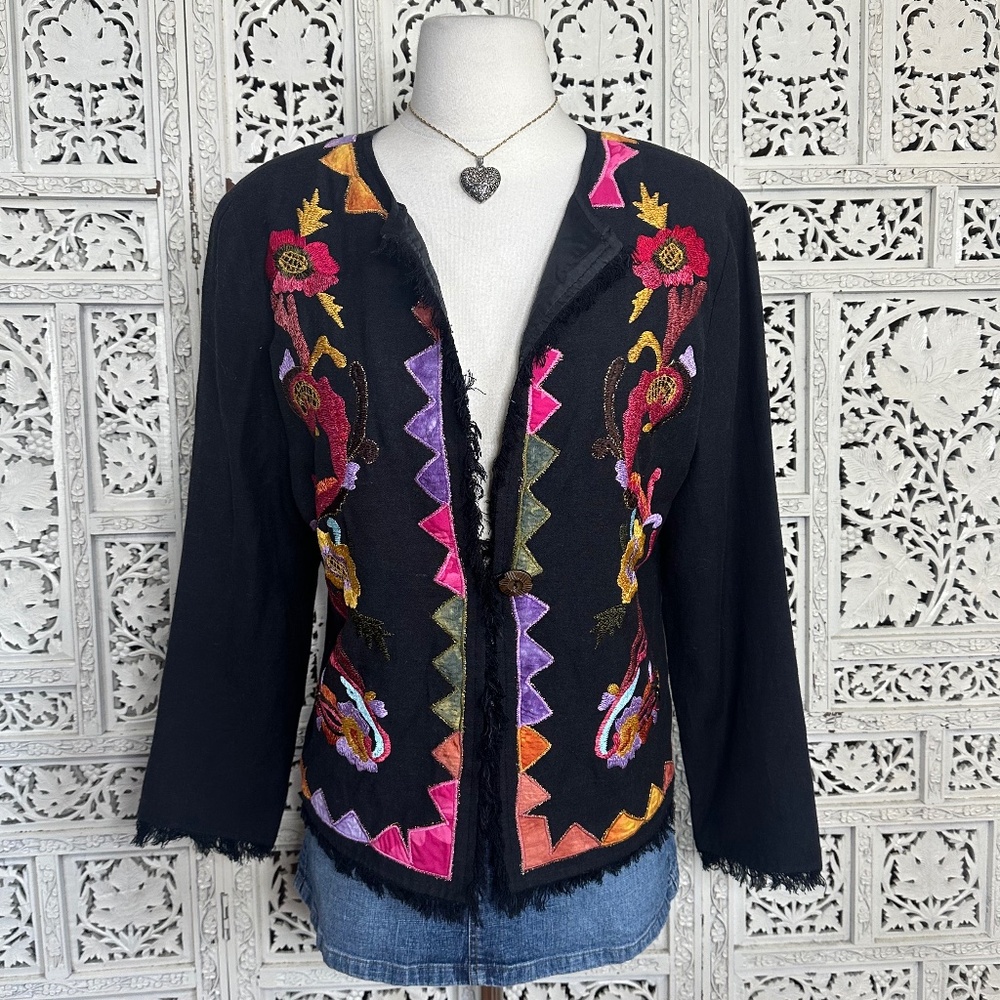 Indigo Moon Linen Blend Black Floral Embroidered Colorful Artsy Blazer‎ Jacket